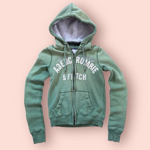 Abercrombie & Fitch Hoodie Women Small Zip Green Vtg Y2K Distressed Grunge Logo - Picture 1 of 6